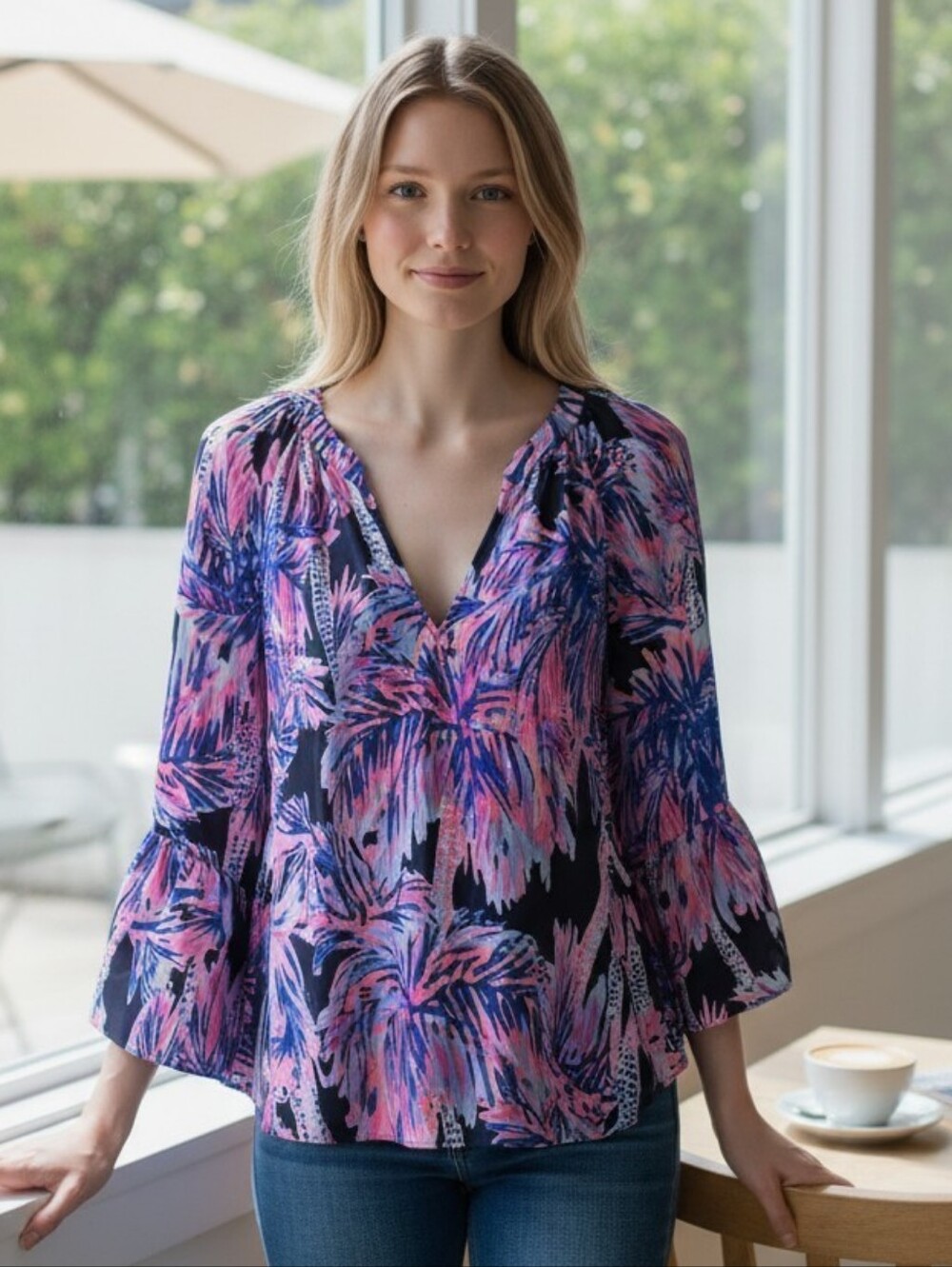 Lilly Pulitzer Silk  Navy, Pink & Purple Palm-Print V-Neck Blouse